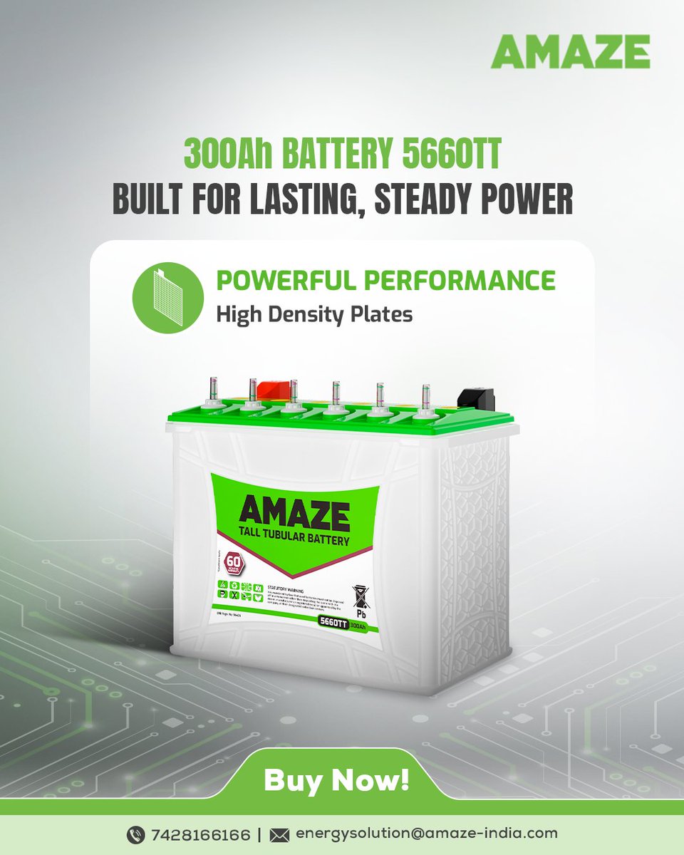 AmazePowerIndia's tweet image. The 300Ah 5660TT battery, with 2x power, is built for endurance, consistency, maximum performance, and efficiency. The high-density plates ensure a performance so powerful, you will forget that blackouts exist. ​

#Amaze #5660TT #PowerThatPerforms #UninterruptedPower