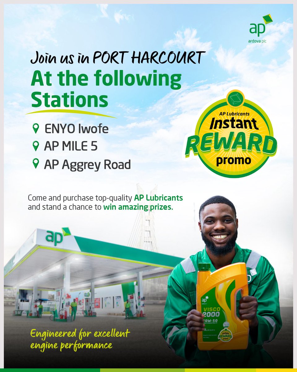 ardovaplc's tweet image. Port Harcourt, join us at the following stations today! 

Enyo Iwofe  
AP Mile 5
AP Aggrey Road 

Don’t miss the opportunity to win amazing gift items!

#APLubricantScratchAndWinPromo
#Visco2000
#APLubricants
#portharcourtcity 
#EngineeredForExcellentEnginePerformance