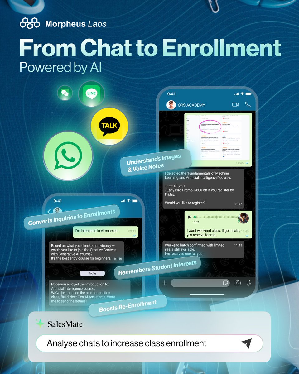 morpheuslabs_io's tweet photo. More training centres are noticing that learners prefer the convenience of messaging. It is easier to check course details, compare schedules, or send screenshots of what they are looking for, all in one chat.

Our AI Enrollment Agent helps you turn these conversations into confirmed sign-ups.

It transforms WhatsApp, LINE, or KakaoTalk into a smart assistant that can:
🎓 Understand text, images, and voice notes
🔍 Recommend suitable courses based on past conversations
📝 Guide learners from enquiry to registration automatically
📊 Analyse chat data to improve conversion and re-enrollment

No new system and no complicated setup. Just a ready-made way to engage learners and secure enrollments through chat.

✨ 11.11 Offer: Special early bird price available this month.

Singapore training providers may also receive up to 90% grant support for deployment.

👉 Book a demo: https://t.co/xxbM6Su5i5

#AIForEducation #EnrollmentAutomation #ConversationalAI #SMEDigitalisation #MorpheusLabs #Fuseful

$mind