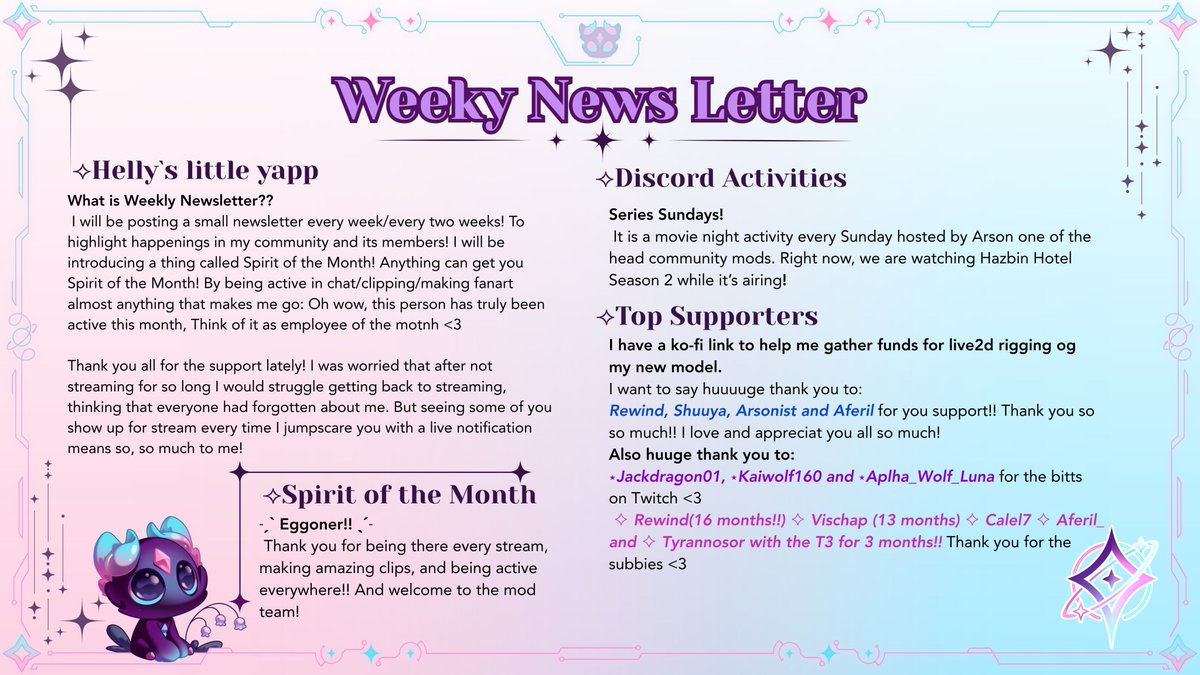 ✦₊⁺ WEEKLY NEWS LETTER ⁺₊✦
Im starting a weekly new letter for my community!!
Thank you for all of the support in everything! I appreciate you all so much &lt;3