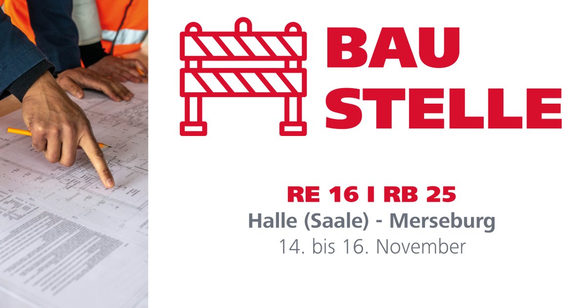 Wegen Bauarbeiten der #DB fahren von Freitagabend, 14.11., 21.30 Uhr, bis einschließlich Sonntag, 16.11., keine Züge der Linien #RE16 und #RB25 zwischen #Halle Hbf und #Merseburg. Es fahren Busse im #SEV.