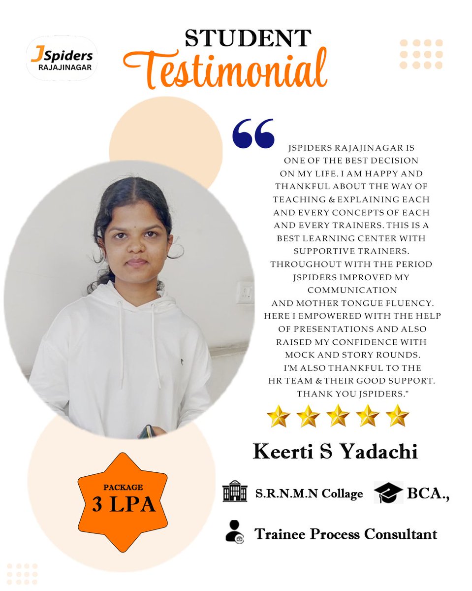 JRajajinagar's tweet image. 🚀 Keerti S Yadachi takes her first step into the tech world as a Trainee - Associate!
Her dedication and consistent effort have turned learning into success. 💫
Congratulations from JSpiders Rajajinagar! 👏
#CareerStart #SuccessStory #JavaFullStack #CodingJourney #TechAchiever