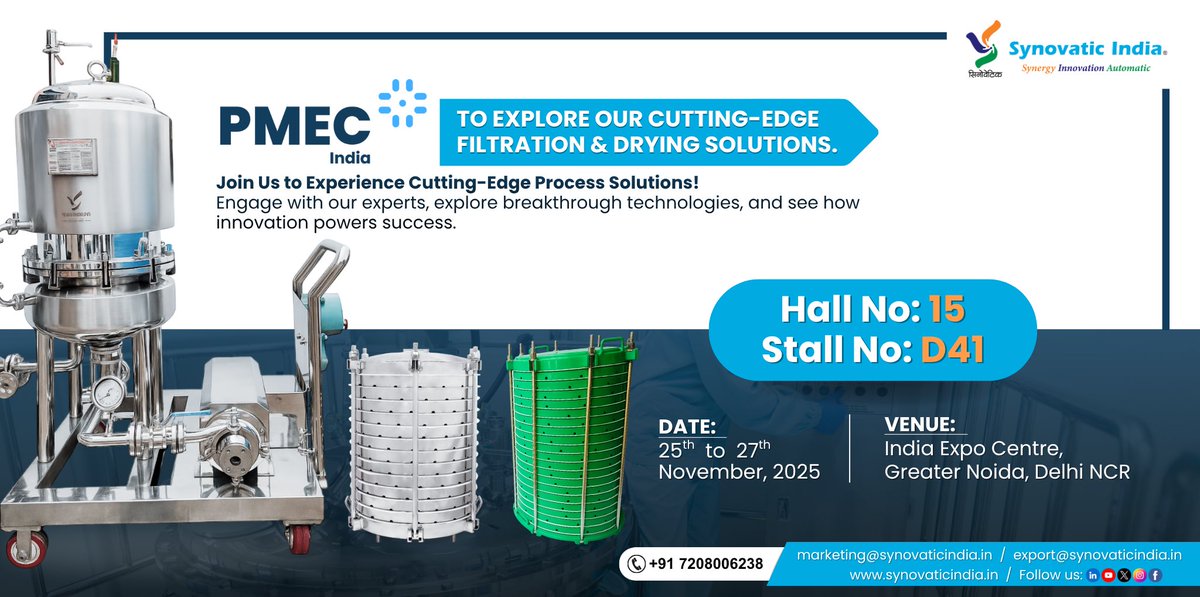 Synovatic's tweet image. Precision Filtration That Sets the Benchmark. 🌟
📍 Visit us at PMEC India 2025
Hall No.: 15 | Stall No.: D41
📅 25th – 27th Nov | India Expo Centre, Greater Noida
#SynovaticIndia #PMECIndia2025 #SparklerFilter #FiltrationTechnology #ProcessMachinery #PharmaInnovation #Synovatic