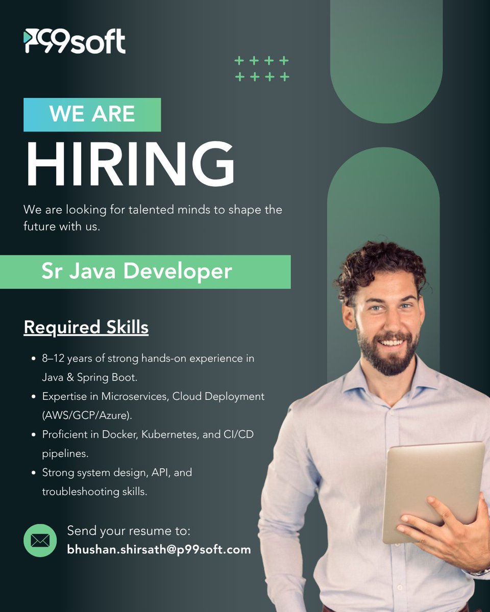 P99soft_Pvt_Ltd's tweet image. We are hiring Senior Java Developers!

If you have strong experience in Java, Spring Boot, and cloud technologies, join our team and make an impact.

Send your resume to bhushan.shirsath@p99soft.com

#p99soft #hiring #javadeveloper #techcareers #jobopportunity #joinourteam