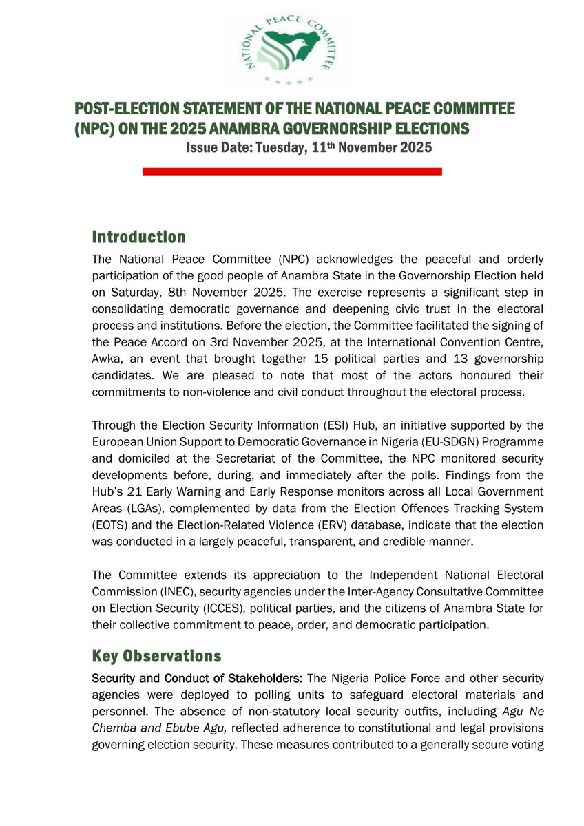 KukahCentre's tweet photo. IMMEDIATE RELEASE: Post Election Statement of the National Peace Committee (NPC) on the 2025 Anambra Governorship Elections https://t.co/rjOkI92Vvi