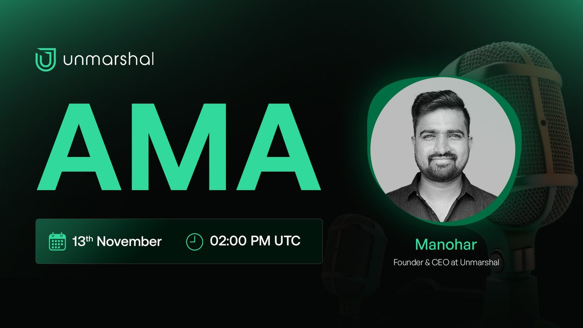 UnmarshalAI's tweet image. 📢 AMA Announcement 📢

Join us for an exclusive AMA session with our Founder,
@manoharshetty96, as we dive into the next phase of Unmarshal.

Expect updates on our roadmap, product expansion, and what’s next for $MARSH.  

📅 13th Nov, 2 PM UTC 
⏰ x.com/i/spaces/1lPKq…