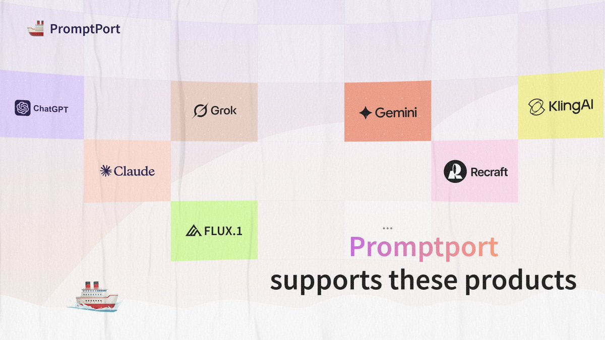 Promptport supports these products:

- ChatGPT
- Claude
- Grok
- FLUX.1
- Gemini
- Recraft
- KlingAI
