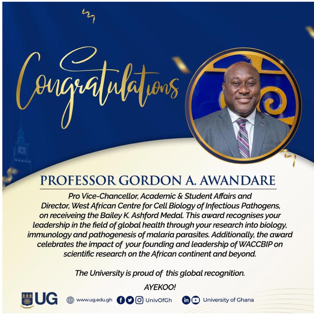 the_ACEProject's tweet image. We extend a hearty congratulations to Prof. Gordon Awandare (@gordon_awandare), Founding Director of @WACCBIP on receiving the 2025 Bailey K. Ashford Medal at the American Society of Tropical Medicine and Hygiene  Annual Meeting.
#WACCBIP #ACEImpact