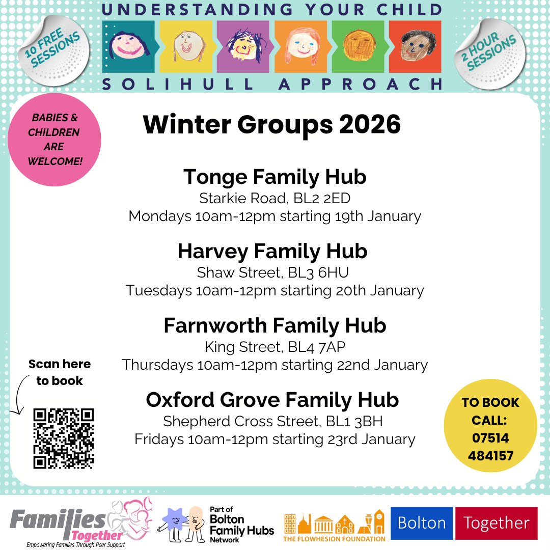 fam2gether's tweet image. Join our free Winter Solihull Approach groups at Tonge Family Hub, starting Monday 19th January
Discover how your child develops, understand their emotions, and learn practical ways to support them as they grow
Call us on 07514 484157
#braindevelopment #tongefamilyhub