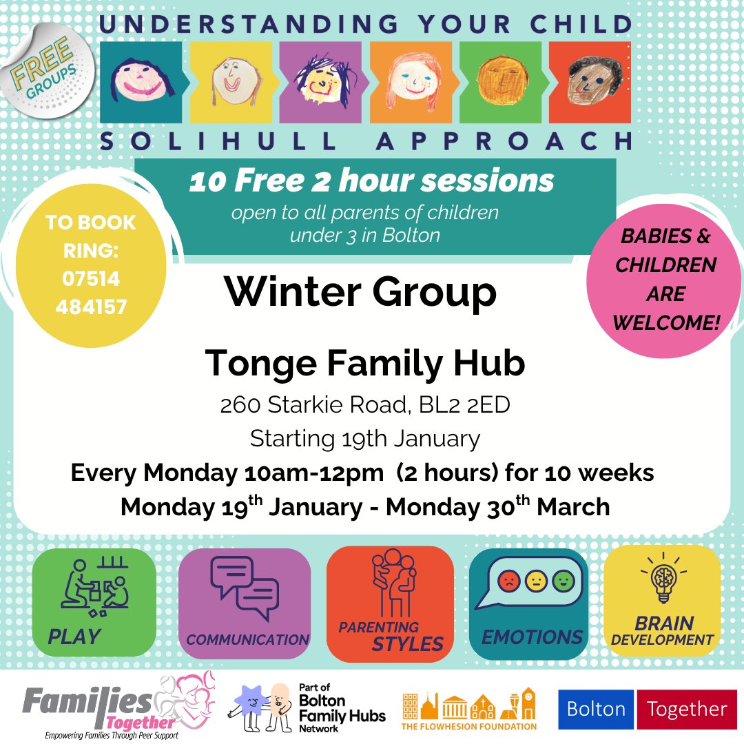 fam2gether's tweet image. Join our free Winter Solihull Approach groups at Tonge Family Hub, starting Monday 19th January
Discover how your child develops, understand their emotions, and learn practical ways to support them as they grow
Call us on 07514 484157
#braindevelopment #tongefamilyhub
