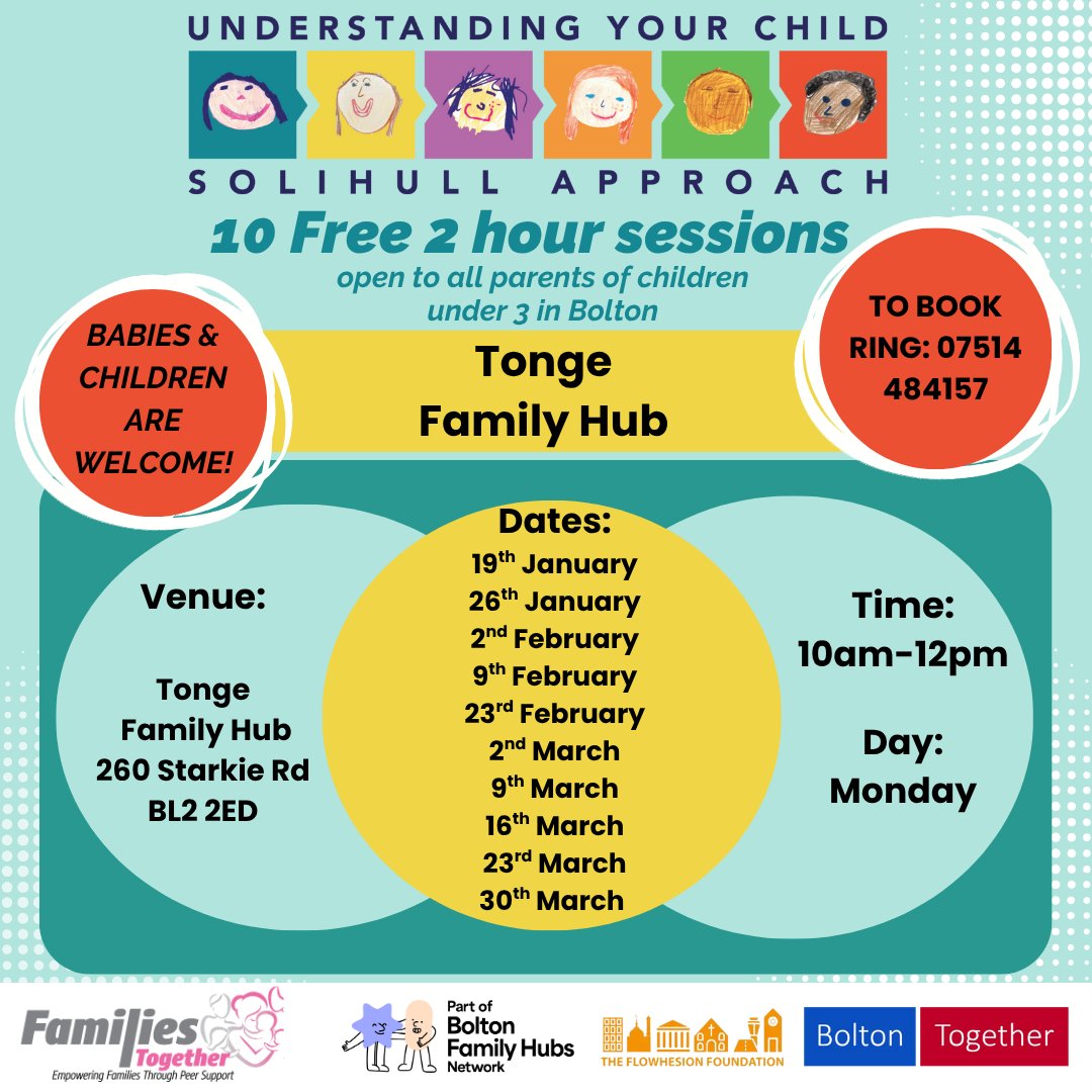 fam2gether's tweet image. Join our free Winter Solihull Approach groups at Tonge Family Hub, starting Monday 19th January
Discover how your child develops, understand their emotions, and learn practical ways to support them as they grow
Call us on 07514 484157
#braindevelopment #tongefamilyhub