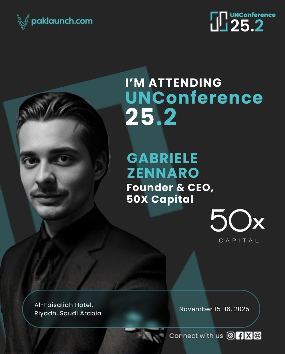 50xcap's tweet image. Our Founder &amp;amp; CEO @gabrizennaro is set to speak at @Paklaunch UNConference 25.2 in Riyadh (Nov 15-16).
A high-calibre gathering of founders + investors focused on real outcomes in emerging markets. 

#StartupEcosystem #VentureCapital #EmergingMarkets #UNConference25