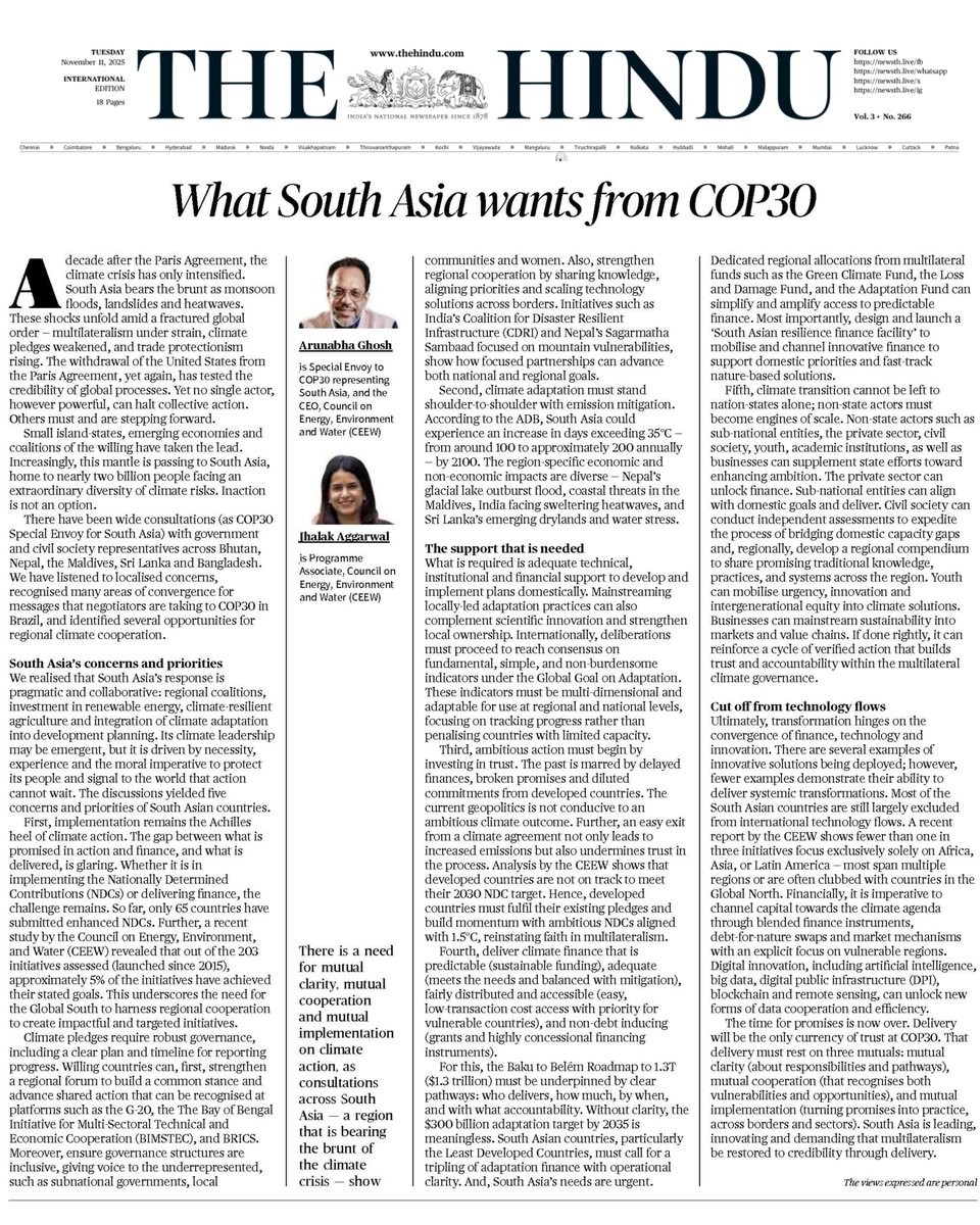 CEEWIndia's tweet image. #Opinion | What South Asia wants from #COP30 

South Asia is already living the climate crisis: from glacial lake bursts to coastal inundation to relentless heat. Inaction is not an option.

In today&apos;s @the_hindu, @GhoshArunabha and Jhalak Aggarwal unpack the region’s priorities,…