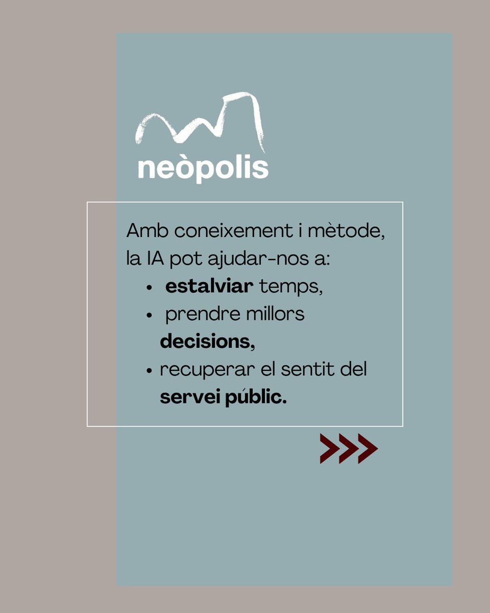 ⚙️La #IA no és una eina més, és infraestructura
Com l’electricitat o internet, transformarà la manera de treballar
El repte no és tècnic: és de mentalitat. Cal entendre i aprendre a col·laborar-hi, no només a “fer-la servir”
A #Neòpolis ajudem als #ajuntaments a fer aquest salt