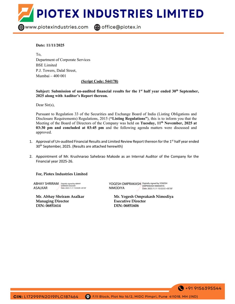 nileshkurhade's tweet photo. π Piotex Industries Ltd informed the exchange about its approval for the financial results for the period ended September 30, 2025. #SME #PIOTEX ππ§Ύ https://t.co/S9H0MywW7j