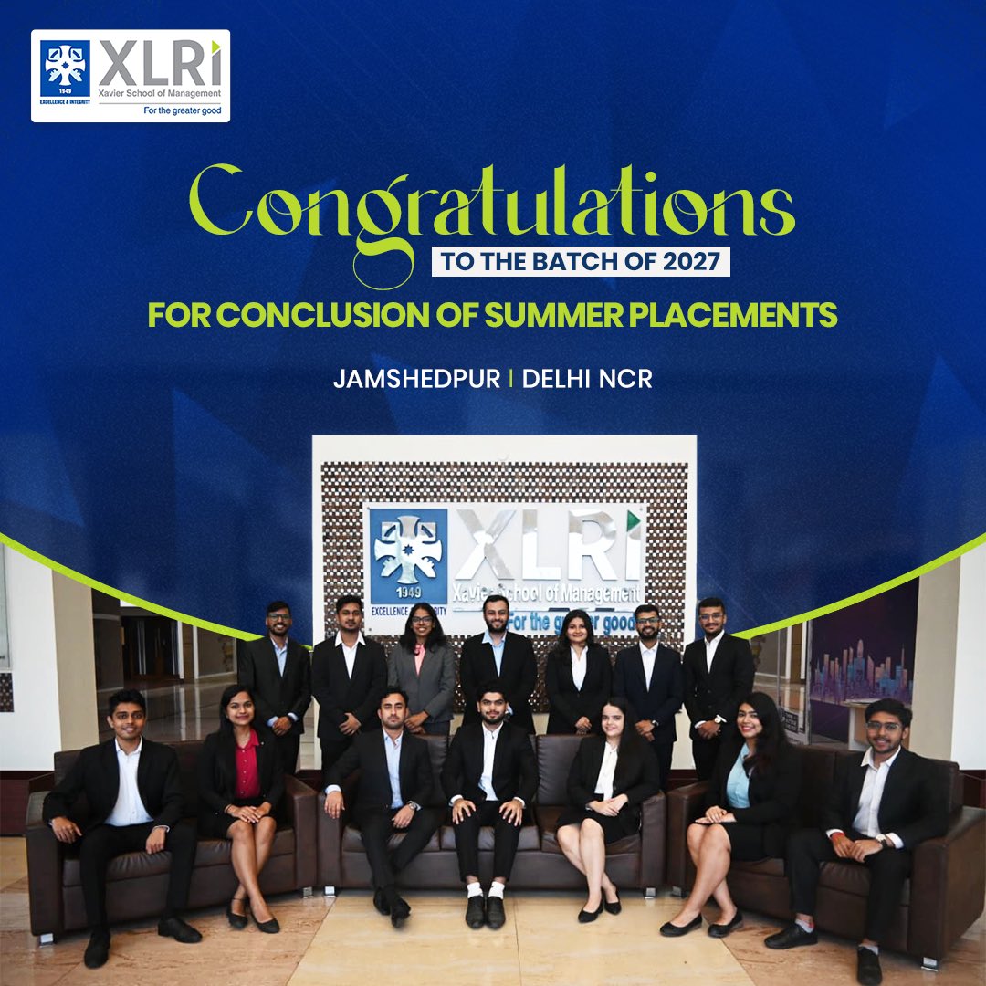 XLRIJamshedpur's tweet photo. XLRI proudly announces the conclusion of Summer Placements for the Batch of 2025–27!

584 offers secured across Jamshedpur &amp; Delhi-NCR campuses from 114 top recruiters.
Highest stipend: ₹3.5 LPM | Median: ₹1.55 LPM
Another proud milestone in XLRI’s legacy!

#XLRI #MBA #bschool https://t.co/a3k32zBtte