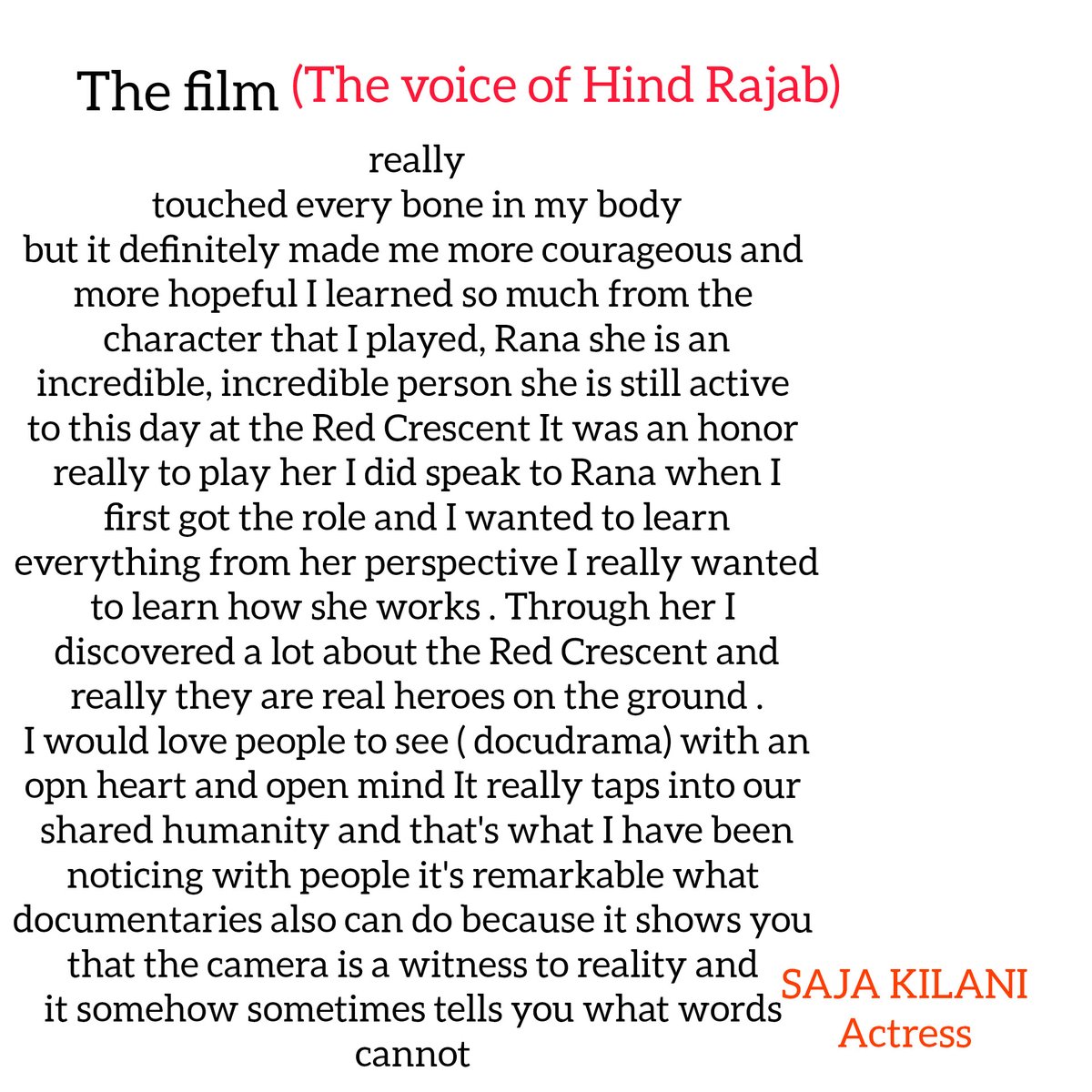 pardekpiche's tweet photo. Actress Saja KILANI urges everyone to watch docudrama the voice of Hind Rajab and stand firmly with humanity.
#FreePalestine #IsraelIsATerroristState #IsraeliTerrorism #Resistance #USBackedGenocide #HindRajab https://t.co/13bEX5o24t