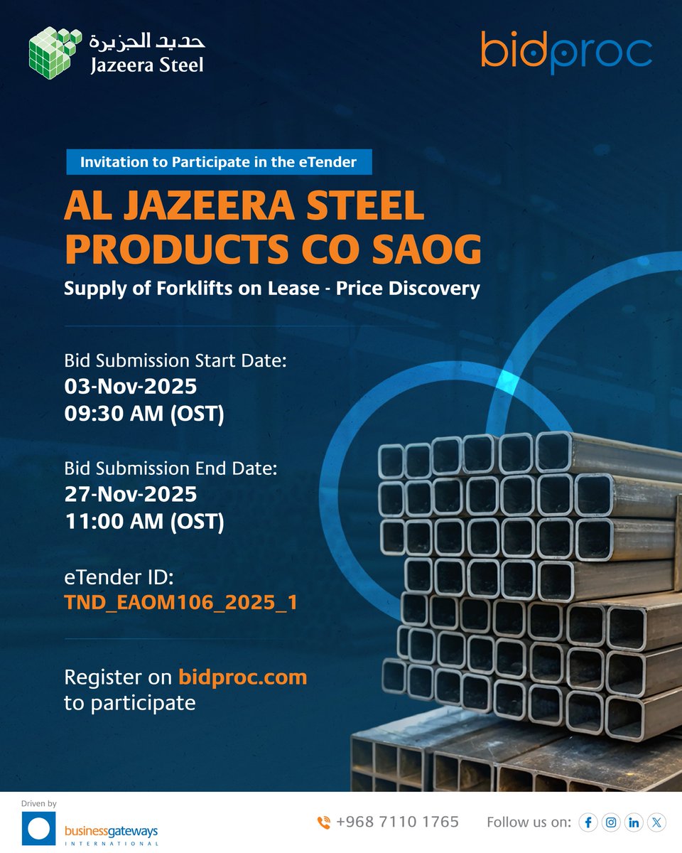 bidprocInsights's tweet photo. New eTender Alert!

Al Jazeera Steel Products Co. invites suppliers to participate in the eTender for Supply of Forklifts on Lease – Price Discovery.

Bid Submission: 3–27 Nov 2025

Register Now on https://t.co/lf6Ew4sjvf

#RegisterNow #BidNow #eTender #Procurement https://t.co/KMzGlqhUW2
