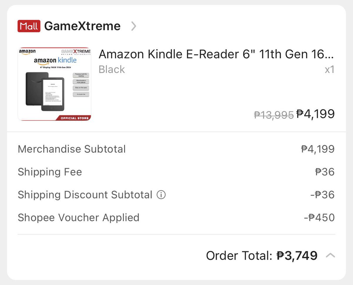 ubescoups's tweet photo. ok dahil naship na at hindi nacancel, skl ang aking win kagabi!! i got the kindle 11th gen for 3749 only 😭 i got lucky last night huhuhu https://t.co/ABMBVlBa2C