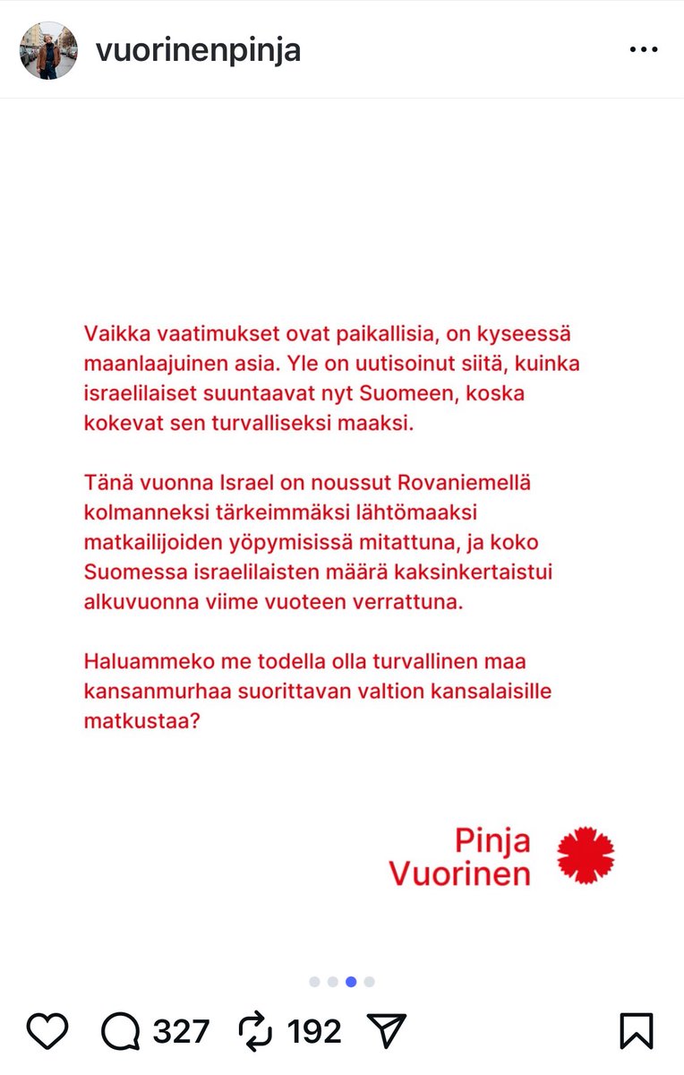 . <a href="/LeftYouthFIN/">Vasemmistonuoret</a> puheenjohtaja <a href="/pinjavuorinen/">Pinja Vuorinen</a> näyttää kiihottavan kansanryhmää vastaan. Pinja kysyy, että haluammeko me olla turvallinen maa israelilaisille. Antaen ymmärtää, että Suomen ei pidä olla turvallinen juutalaisille.
Järkyttävää! 

Mitä haluatte tähän sanoa <a href="/vasemmisto/">Vasemmistoliitto</a> ?