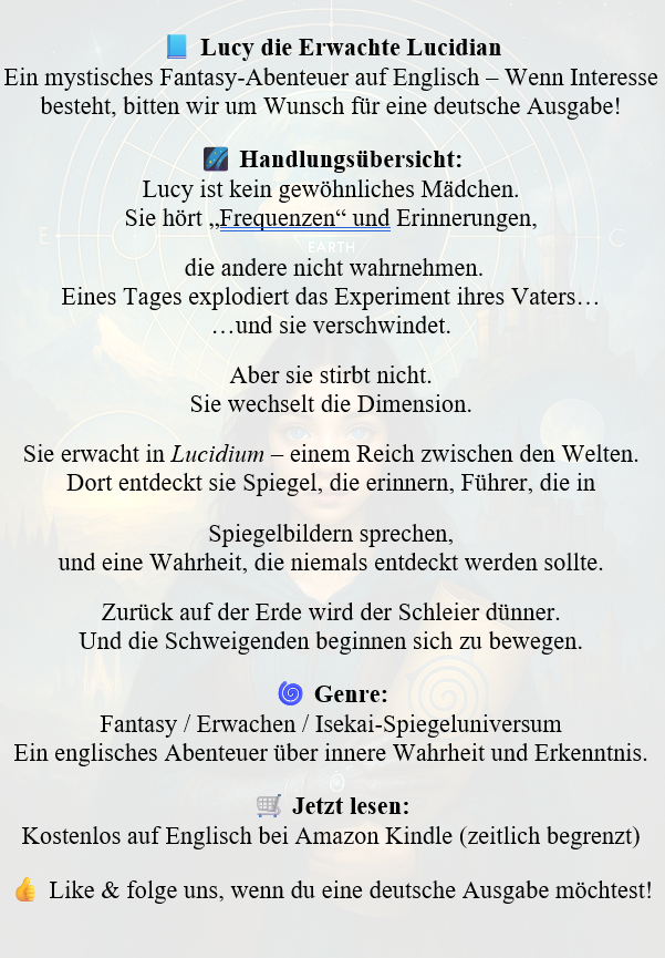 Tarbix_Academy's tweet photo. Lucy die Erwachte Lucidian
Fantasy Spiegelwelten Erwachen
Jetzt auf Amazon Kindle – kostenlos auf Englisch (nur für kurze Zeit!)
Gefällt dir die Idee?
Like & folge uns – bei genug Interesse kommt die deutsche Version!
#FantasyBuch #Spiegeluniversum #AmazonBücher #IndieAutor https://t.co/w1T21HWHg2