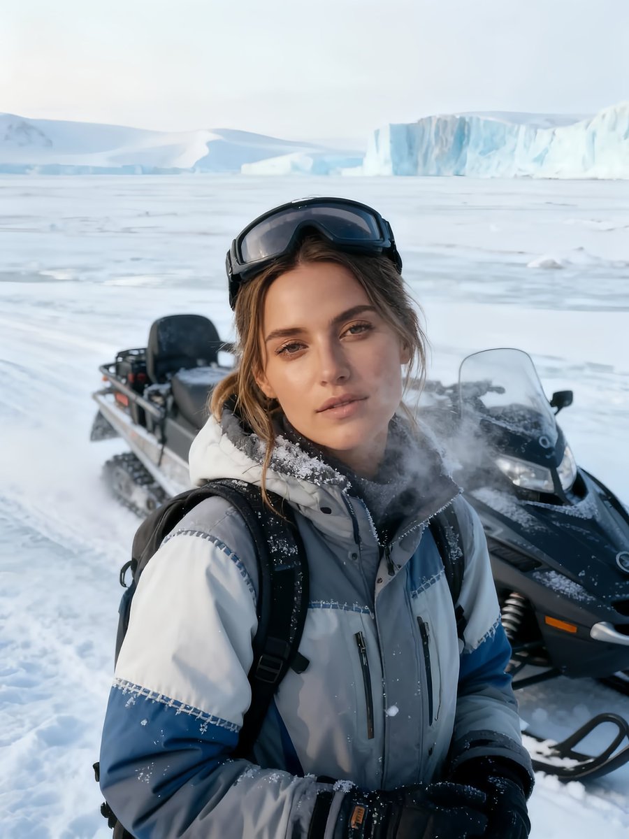 runware's tweet image. Tweak this JSON and experiment with Riverflow 1.1 Pro ❄️

{
  &quot;Objective&quot;: &quot;Generate an ultra-realistic digital photo of a female arctic explorer standing in a frozen landscape with a snowmobile in the background, captured during a moment of calm amid an icy wilderness.&quot;,…