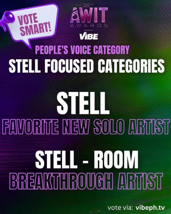attention berries!! 

🔗: vibeph.tv

FOCUS ON THESE CATEGORIES:
📌 Breakthrough Artist
📌 Favorite New Solo Artist

<a href="/stellajero_/">Stell Ajero</a> #Stell