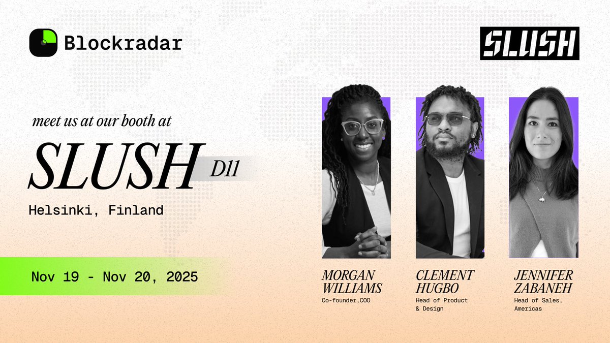 BlockradarHQ's tweet image. Meet our team in Helsinki, Finland!   🇫🇮 We’re excited to share that Blockradar will be at  @SlushHQ 2025!

Catch us at Booth D11 on Nov 19–20 as we connect with founders and fintechs building the next generation of financial infrastructure.

@MORe_aGAiN , Co-founder &amp;amp; COO,…