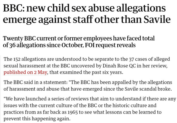 The BBC always had a rotten core as can be seen by the sculpture by Eric Gill that adorns their HQ.

Gill committed incest, paedophilia and bestiality.