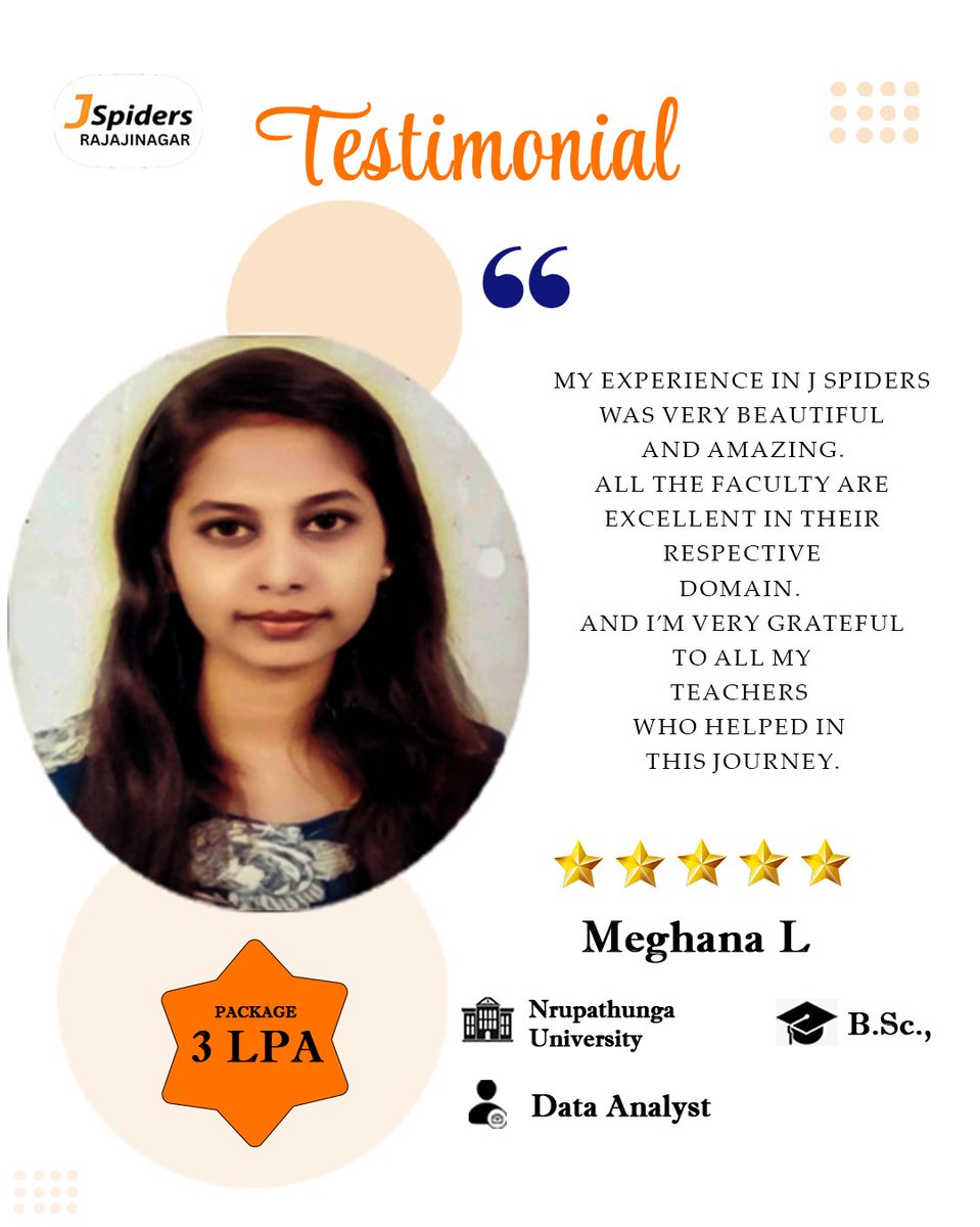 JRajajinagar's tweet image. 🚀 Meghana L takes her first step into the tech world!
Her dedication and consistent effort have turned learning into success. 💫
Congratulations from JSpiders Rajajinagar! 👏
#CareerStart #SuccessStory #JavaFullStack #CodingJourney #TechAchiever #JSpidersRajajinagar