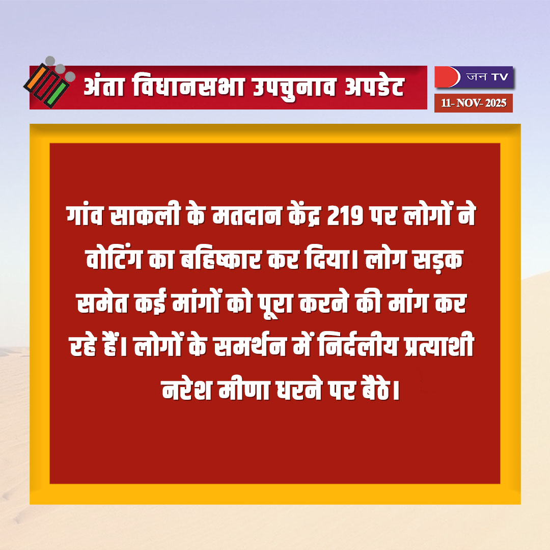 JANTV2012's tweet image. गांव साकली के मतदान केंद्र 219 पर लोगों ने वोटिंग का बहिष्कार किया | JANTV

#anta #antaelection #Byelection #elections #vidhansabhaelection #saakali #Rajasthan #RajasthanNews #jantv_ms @BhajanlalBjp @DIPRRajasthan
