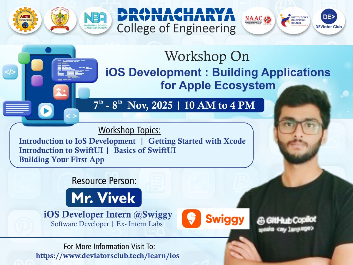 dronacharya_123's tweet image. 📱🚀 iOS Workshop | Build for Apple
CSE Dept., Dronacharya College of Engineering conducted a 2-Day iOS Workshop where students learned Swift, Xcode &amp;amp; UI/UX and built their first iOS app.
🔥 From idea → code → app.
#iOSDevelopment#Swift#Xcode#MobileAppDevelopment#DCE