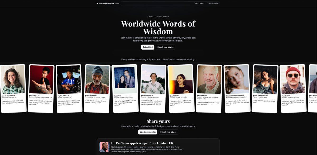 one_thing_every's tweet photo. Launching One Thing Everyone 
 
A global album of advice.

Everyone knows something you don’t. Add yours and learn from others.

#OneThingEveryone #WorldwideWisdom https://t.co/UOC5qGuotb