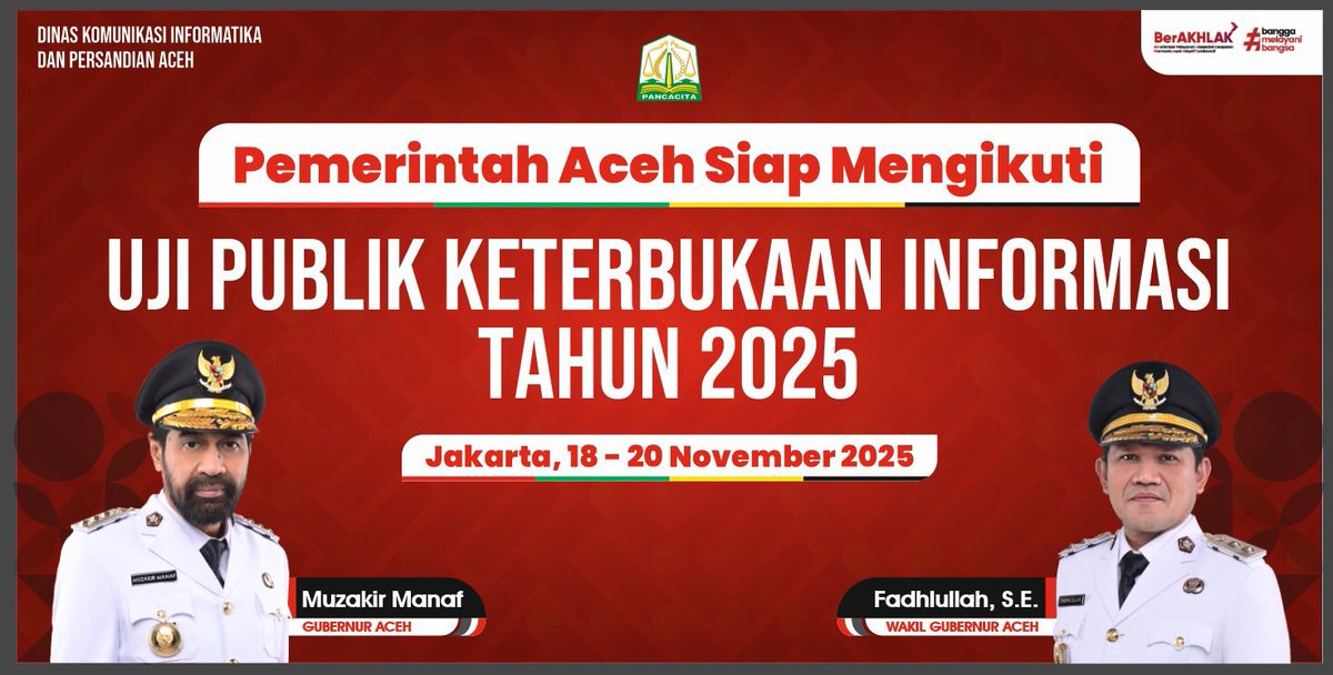 PPIDAceh's tweet photo. Pemerintah Aceh akan Mengikuti Uji Publik Keterbukaan Informasi Tahun 2025 yang akan dilaksanakan di Jakarta, 18-20 November 2025.

Uji Publik ini merupakan tahap selanjutnya dalam penilaian Keterbukaan Informasi Publik yang diselenggarakan oleh Komisi Informasi Pusat Tahun 2025. https://t.co/2LWDBnyCdp