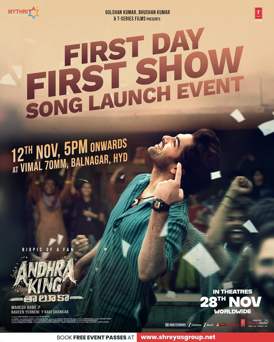 A fan celebration anthem will be launched at the best single screen of Telangana ❤️‍🔥

#AndhraKingTaluka fourth single #FirstDayFirstShow launch at Mythri Vimal 70MM, Hyderabad on 12th November from 5 PM onwards 🤩

Join the team to celebrate the FDFS euphoria 💥💥