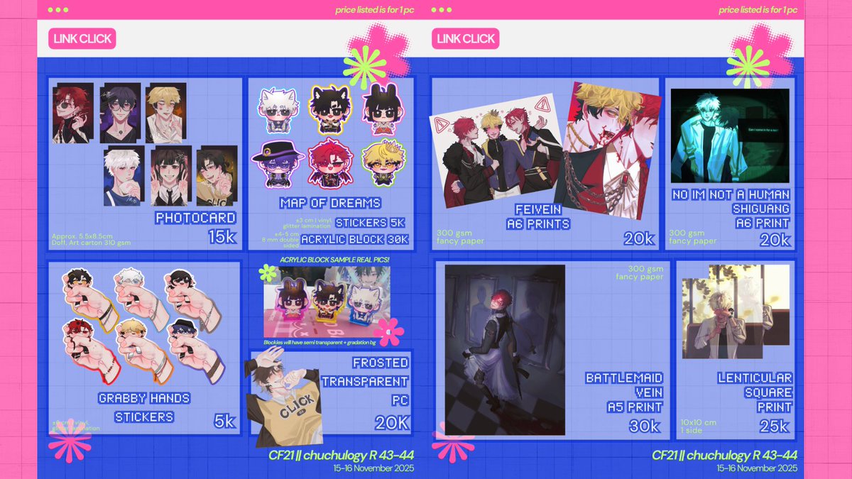 xoruxiaa's tweet photo. [🩷&amp;🔁 are very appreciated!]
This is my OTS Catalogue for #CF21 🩷😜☝️

🧸Fandom: HSR, #linkclick, TBHX, Nijisanji JP, Alien stage, Gachiakuta, FFXIV, Hannibal, DoL

📍 R43-44 chuchulogy | both days

#cf21catalogue #comifuro21 https://t.co/qkbpzTNbBW