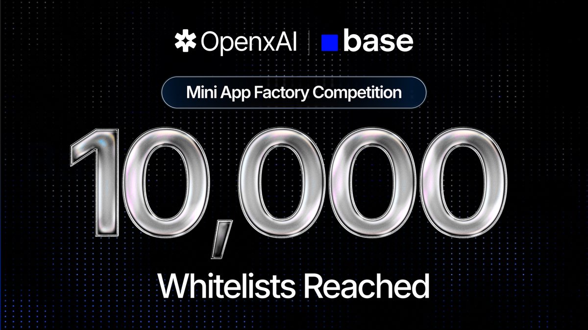 The movement is unstoppable.

A huge thank you to our community, we've hit a massive milestone: Over 10,000 builders have secured their spots in the OpenxAI Mini App Factory Competition.

Whitelisting unlocks exclusive perks like $5K prize pools, Genesis NFTs, tGPU credits, and