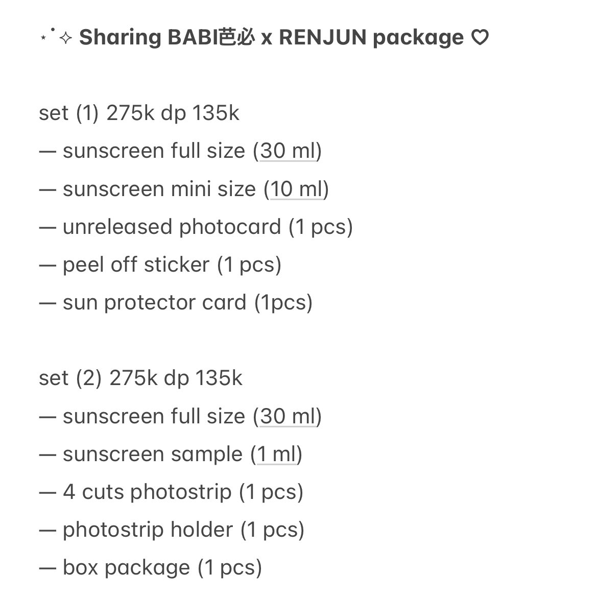 rjnfolder's tweet photo. ꒰ wts — want to sell — sharing ꒱

BABI芭必 x RENJUN special package set A
(1) : ss full size + mini size, pc, peel off sticker, sun protector card 275k dp 125k 
(2) : ss full size + sample, 4 cuts photostrip + holder, box package 275k dp 125k 

🚛 shipping from Bandung https://t.co/ZKM2QhCmBm