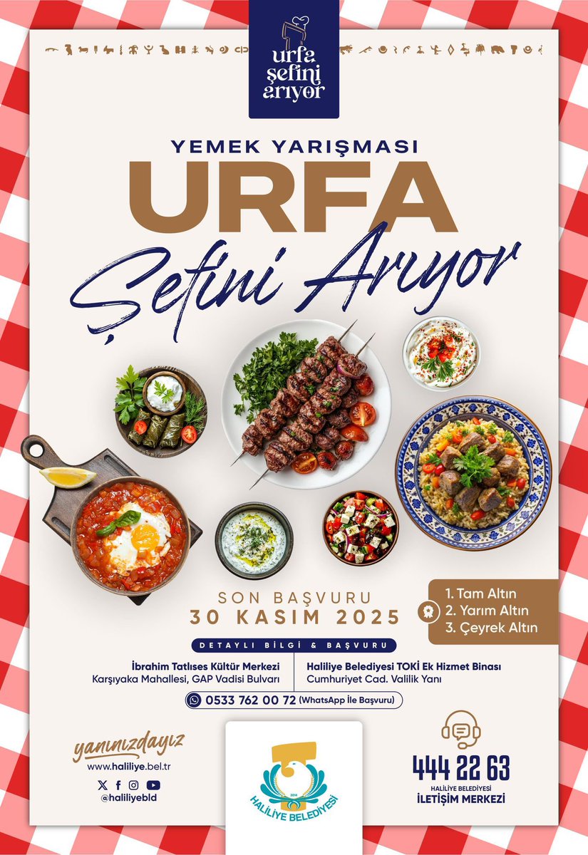 Urfa’nın eşsiz lezzetleri  yarışma masasında buluşuyor. 👨‍🍳

Haliliye Belediyesi olarak, geleneksel tatlarımızı yaşatmak ve lezzet tutkunlarını bir araya getirmek için düzenlediğimiz “Urfa Şefini Arıyor” yemek yarışmasında usta eller hünerlerini sergiliyor.

🗓️ Başvurular için son