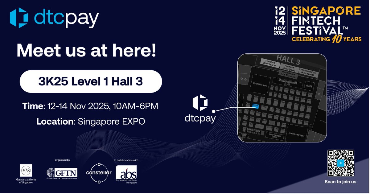 🚀 TOMORROW’S THE DAY! We’re ready for #SFF2025!

📍 Singapore EXPO, Hall 3 Level 1 (Booth 3K25)
🗓️ 12–14 Nov | ⏰ 10AM–6PM
💡 Live purchase demos | 🎁 Lucky draw | 🤝 Fintech talks

See you there! 

#dtcpay #FintechInnovation #DigitalPayments