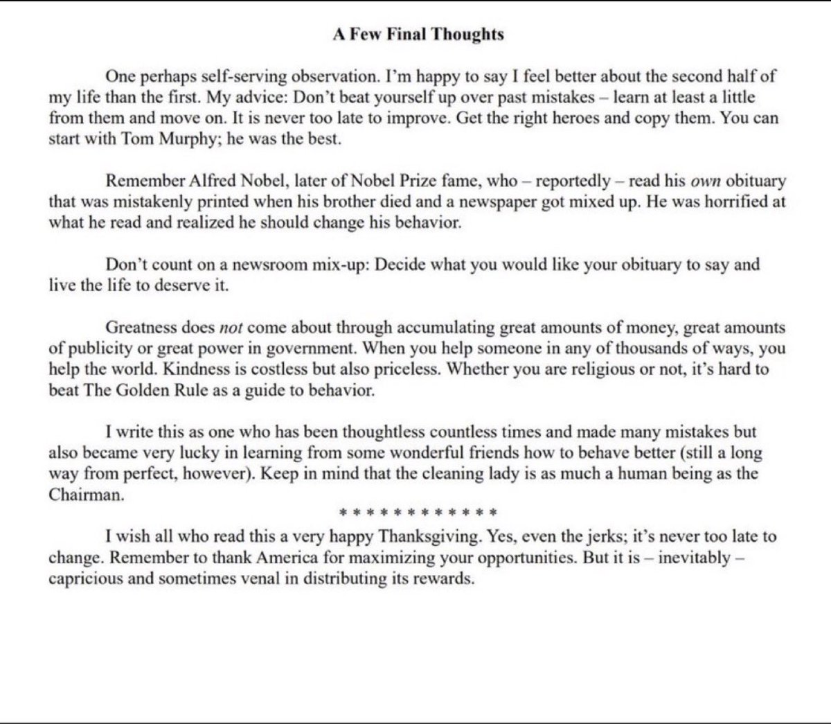 ph_moklaf's tweet image. رسالة الوداعية من وارن بافيت وأهم نصائحه💔😔

👈 لا تجلد نفسك بسبب أخطاء الماضي.
كل شخص يخطئ — المهم أن تتعلّم وتتحسّن

👈 اختر قدواتك بعناية.
لا تتعلّم من أي شخص — اختر أشخاصًا حياتهم وأخلاقهم تستحق الاقتداء

👈 قرّر أنت كيف تريد أن يُذكَر اسمك بعد رحيلك.
لا تنتظر أن يحدّد…