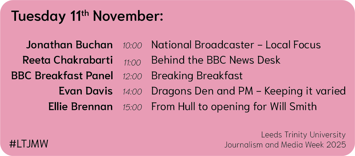 MattTLucas's tweet photo. Day 2 of Journalism and Media Week brings a packed schedule! From the BBC's @reetacbbc to Dragons' Den and beyond.

Join me as I report live throughout the day from Leeds Trinity University.

#LTJMW https://t.co/4UDaY0P6Hj