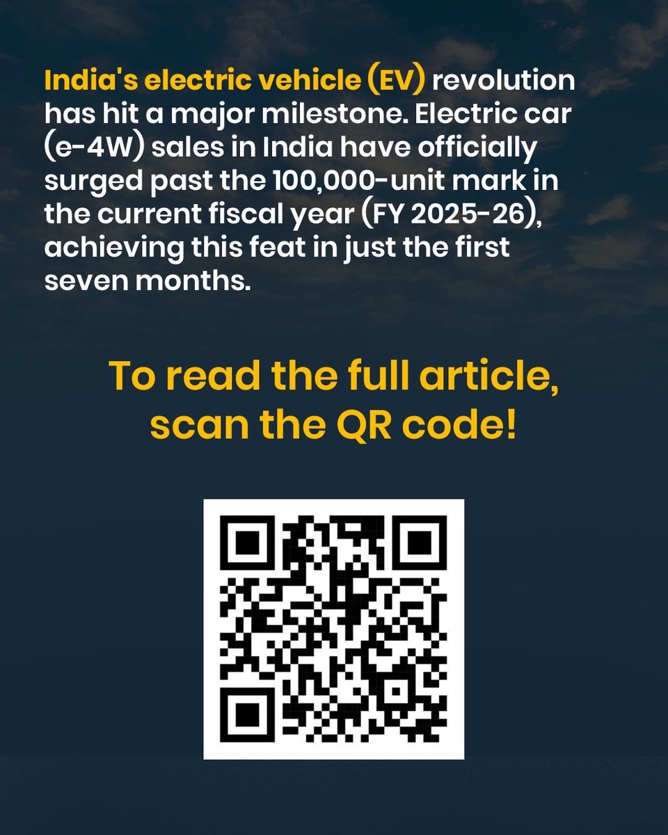 _EVINDIA's tweet image. India’s EV revolution is in full throttle! 
Electric car sales in FY26 have already crossed 1.19 lakh units in just 7 months — a massive 105% YoY surge, now holding 4.6% market share of all passenger vehicles.

#IndiaEV #EVsales #ElectricVehicles