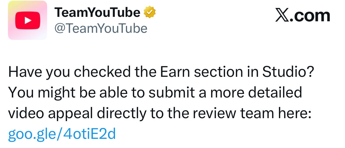 HarshNaidu5's tweet photo. Hello @TeamYouTube 

My Channel which is completely clean and safe has 0 prior warnings or strike got demonetized without warning which is a complete mistake by youtube AI. 

I can't appeal by creator studio. Please let me video appeal and have a human review properly by DM. https://t.co/8kYJbAYE9h