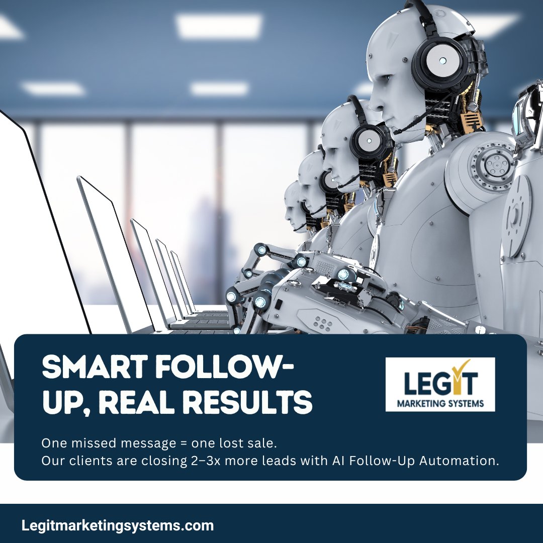 LegitMSystems's tweet image. Our clients are closing 2–3x more leads with AI Follow-Up Automation.

✅ Replies in under 10 seconds
✅ Text, Email, and Chat integrations
✅ Simple setup — powerful results

⚙️ Try it today:
🔗 legitmarketingsystems.com/ai-lead-follow…

#AIMarketing #BusinessGrowth #FollowUpAutomation