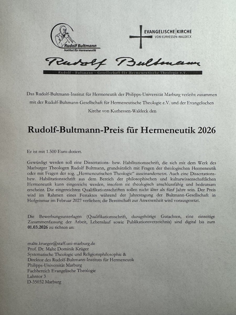 Herzliche Einladung, sich für den Bultmann-Preis für Hermeneutik 2026 zu bewerben!