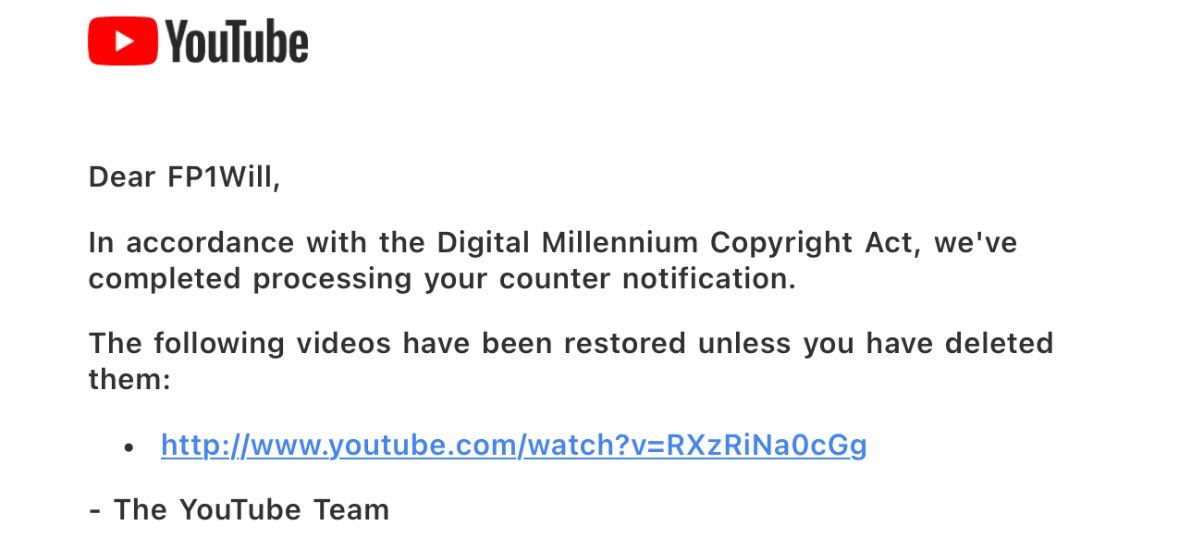 So after three weeks, one more of the 15 videos removed by FOM is back up on the channel! Just one left to go, and this nightmare can finally be over