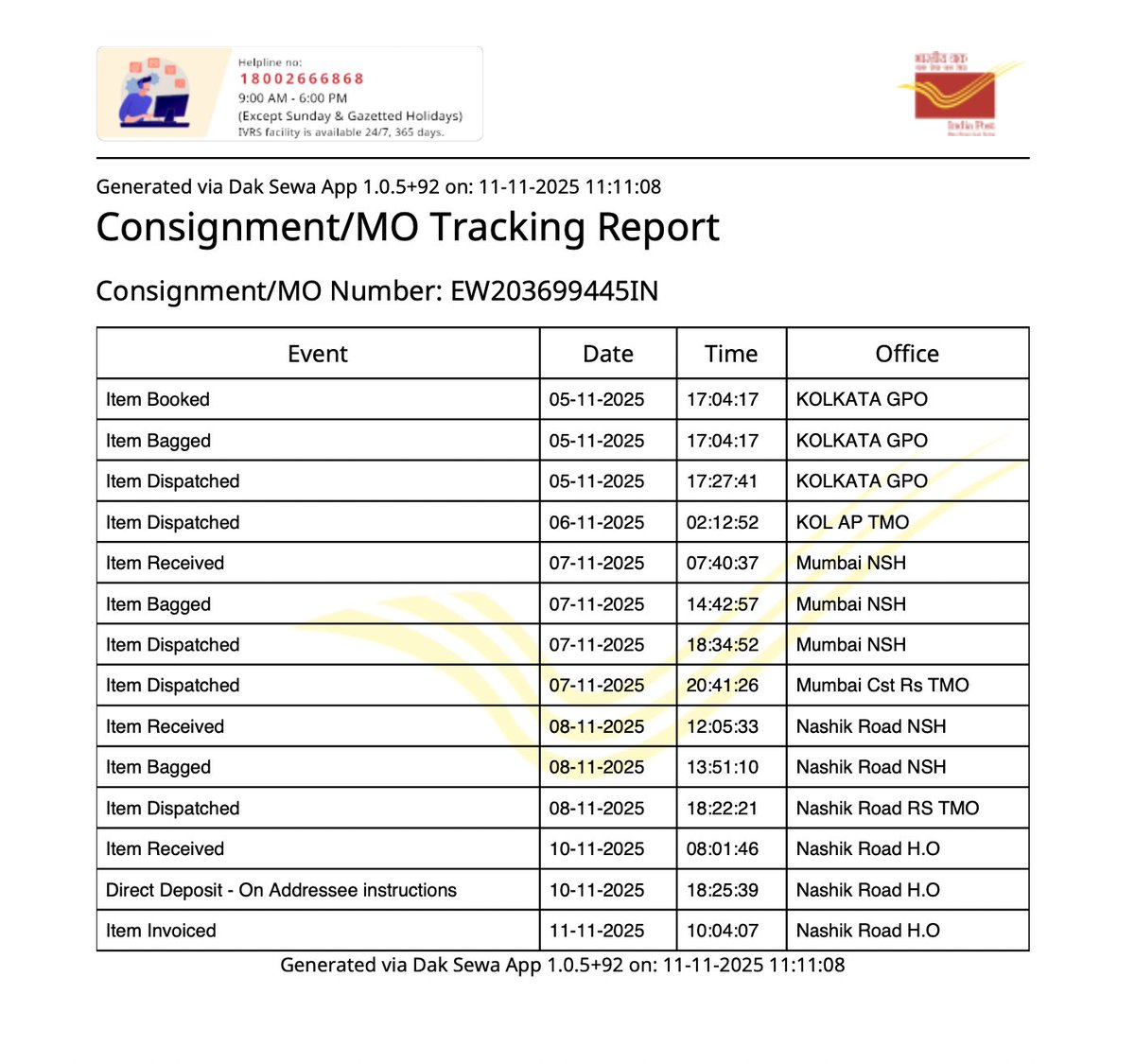 vishal0258's tweet photo. @IndiaPostOffice @KolPostalRegion @JM_Scindia @Officejmscindia @DoT_India @cpmgmaharashtra 
 EW203699445IN booked 05-Nov-2025 from Kolkata GPO is still undelivered. Critical contract document—delay risks contract loss. Urgent action requested 
#SpeedPostDelay #UrgentDelivery https://t.co/UjmTEWGG4T