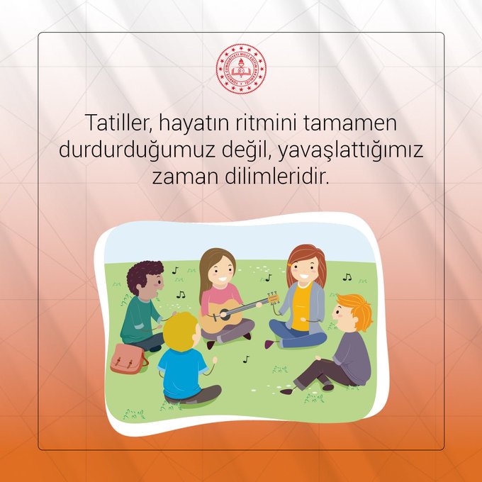 An illustration shows a diverse group of four children sitting on green grass in an outdoor setting, with one boy in blue shorts holding a guitar, a girl in yellow top playing another guitar, a boy in green outfit clapping, and a girl in pink smiling, musical notes floating around them, bordered by orange frame with official emblem in top left.