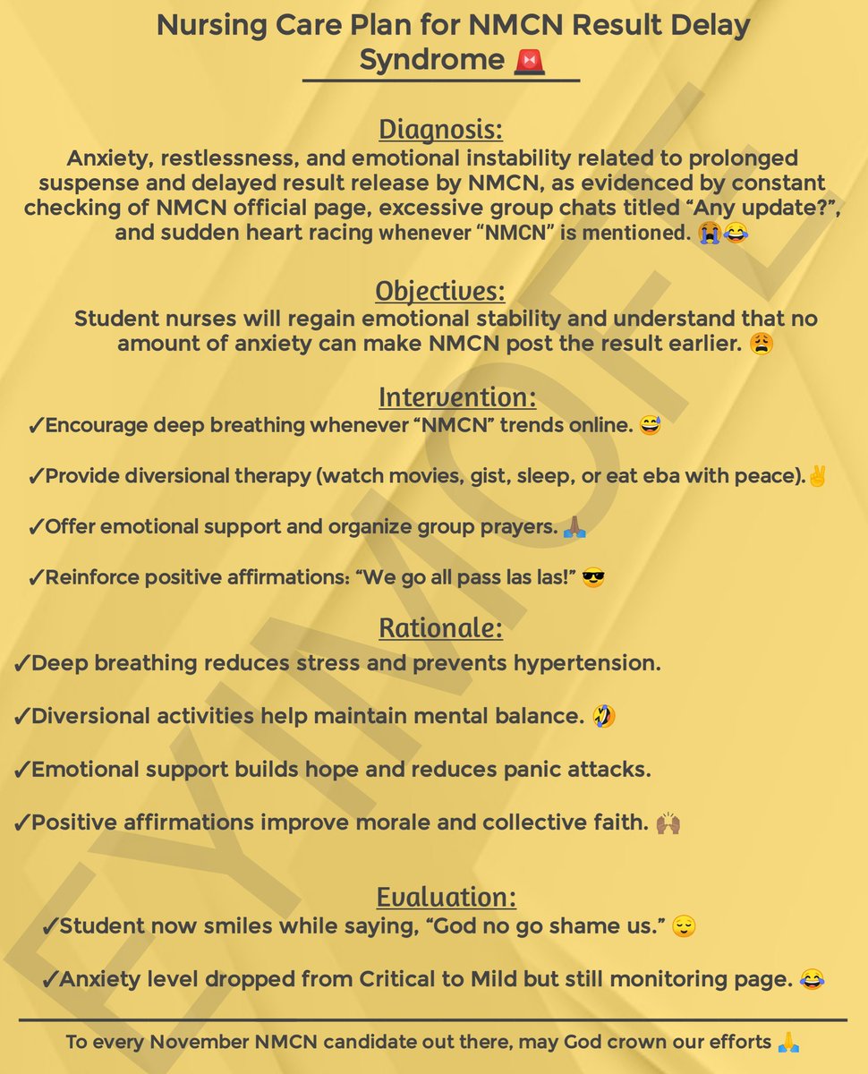 d_coker9's tweet photo. Current diagnosis across all nursing schools nationwide 👇👇👇
#NMCN #NANNM #NursingWorldNigeria #NurseLife #NursingCommunity #FutureRNs #ResultPalpitation #StudentNurseChronicles #NursingTwitter #NurseHumor #WeGoPassLasLas #ProudNurseToBe https://t.co/MWUHoh2KRx